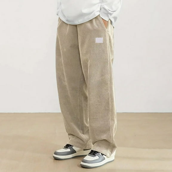 Havenx Mens Corduroy Pants Wide Leg Elastic Waist Pants Waist Drawstring Corduroy Trousers with Pockets Baggy Casual Comfy Slim Going Out Clothes,Beige XL