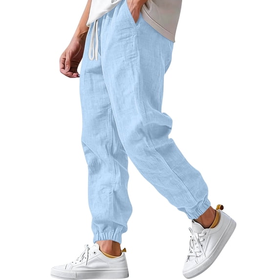 Havenx Mens Cotton Linen Jogger Pants Elastic Waist Drawstring Joggers with Pockets Cuffed Ankles Pants Relaxed Fit Baggy Casual Summer Lightweight Clothes,Light Blue M