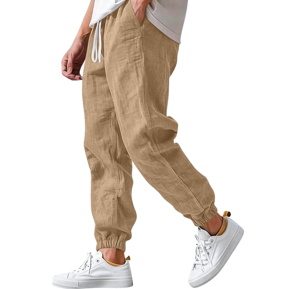 Havenx Mens Cotton Linen Pants Elastic Waist Drawstring Trousers with Pockets Cuffed Ankles Pants Baggy Beach Lounge Relaxed Fit Casual Summer Loungewear,Brown XL