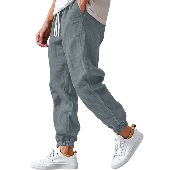 Havenx Mens Cotton Linen Pants Elastic Waist Drawstring Trousers with Pockets Cuffed Ankles Sweatpants Baggy Beach Lounge Relaxed Fit Casual Summer Clothes,Gray S