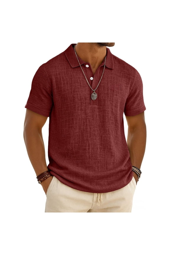 Mens Cotton Linen Polo Shirts Short Sleeve Button Down Polo Shirts Collared Shirts Breathable Casual Soft Lightweight Summer Clothing,Wine 2XL