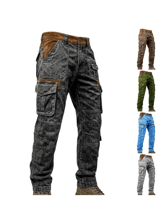 Mens Denim Cargo Pants Patchwork Button Closure Denim Jeans with Pockets Stretch Jean Pant Outdoor Hiking Camping Work Vintage Clothes,Camouflage Green 2XL