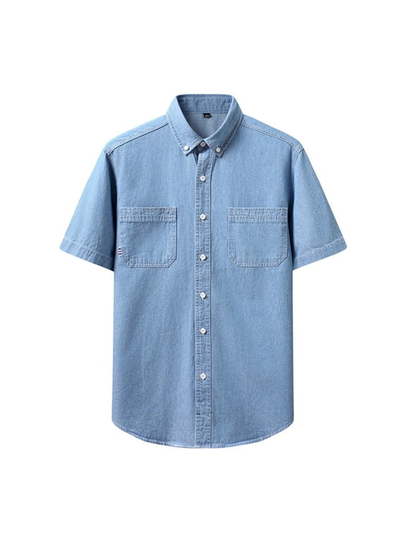 Short Sleeve Denim Shirt for Men Button Down Two Pocket Polo Shirts 2025 Collared Big & Tall Shirts Western Work Shirts,Light Blue XL