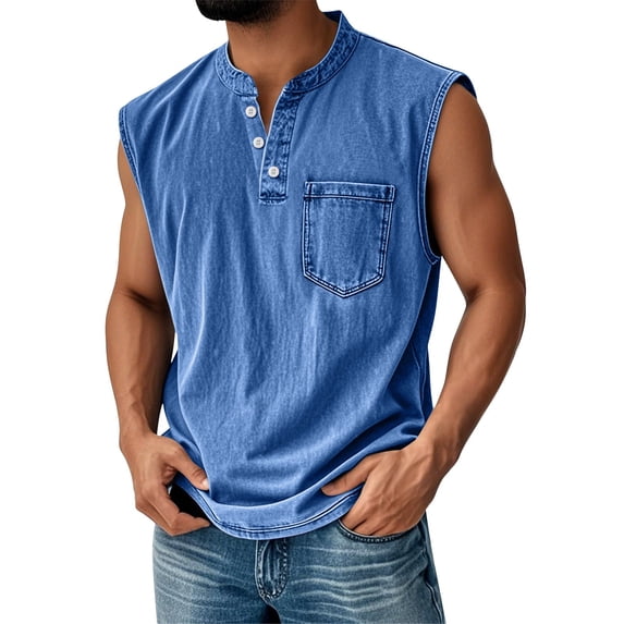 Havenx Mens Denim Tank Tops Sleeveless Henley Button Down Tank Tops Distressed Washed V Neck Top with Pockets Athletic Muscle Loose Fit Summer Vacation Tee Shirts,Blue 4XL