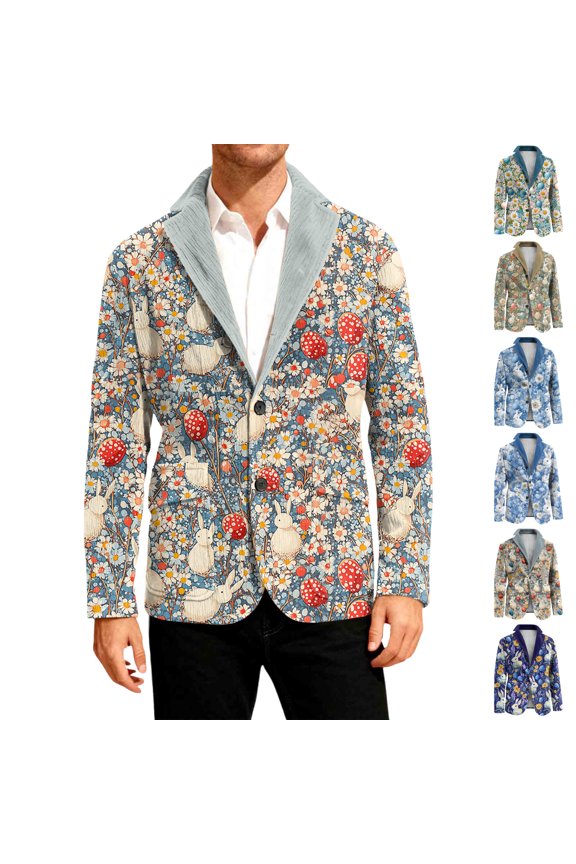 Mens Easter Blazer Corduroy Bunny Print Jacket with Side Pocket Lapel Collar Buttons Jacket Suits Open Front Formal Party Dinner Easter Prom Clothes,Red S