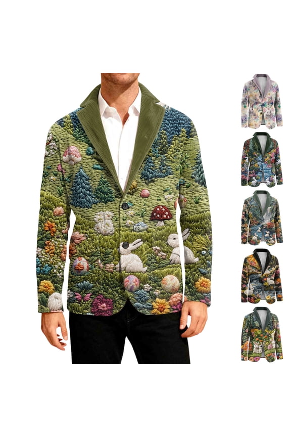 Mens Easter Jackets Corduroy Bunny Print Jacket with Side Pocket Lapel Collar Buttons Suit Open Front Funny Graphic Formal Party Dinner Easter Coat,Blue 2XL