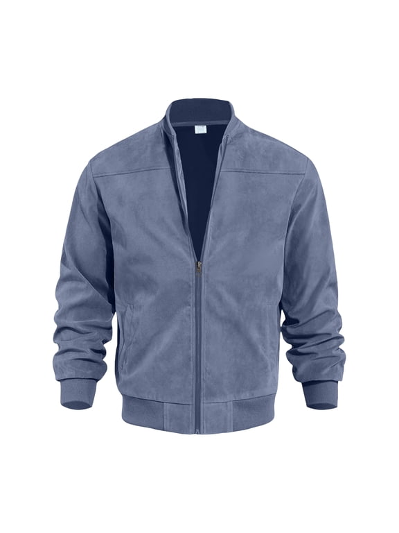 Mens Faux Suede Bomber Jacket Full Zip Long Sleeve Baseball Jackets with Pockets Stand Collar Jackets Lightweight Athletic Casual 2026 Fall Outerwear