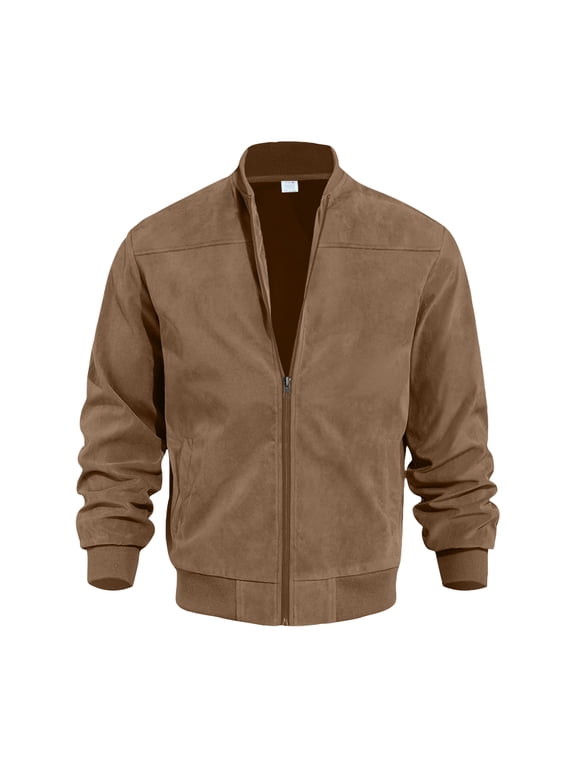 Mens Faux Suede Bomber Jacket Full Zip Long Sleeve Flight Coat with Pockets Stand Collar Jackets Lightweight Athletic Casual 2026 Fall Clothes