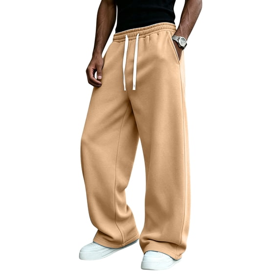 Havenx Mens Fleece Baggy Sweatpants Straight Wide Leg Drawstring Pants with Pockets Elastic Waist Open Bottom Sweatpant Lightweight Gym Lounge Soft Fall Winter Pant,Camel L