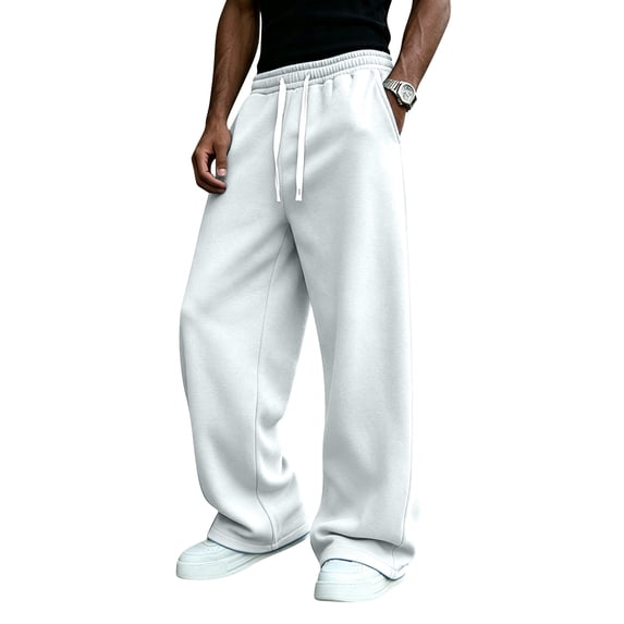 Havenx Mens Fleece Baggy Sweatpants Straight Wide Leg Drawstring Sweat Pants with Pockets Elastic Waist Open Bottom Sweatpant Gym Lounge Athletic Workout Fall Winter Pant,White S