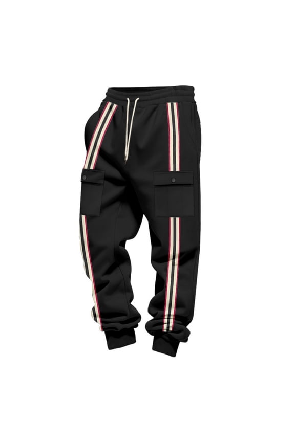 Mens Fleece Cargo Sweatpants Drawstring Waisted Elastic Waist Sweat Pants with Multi Pockets Fleece Striped Trousers Training Fashion Heavyweight Loose Fit Sweatpants Joggers,Black S