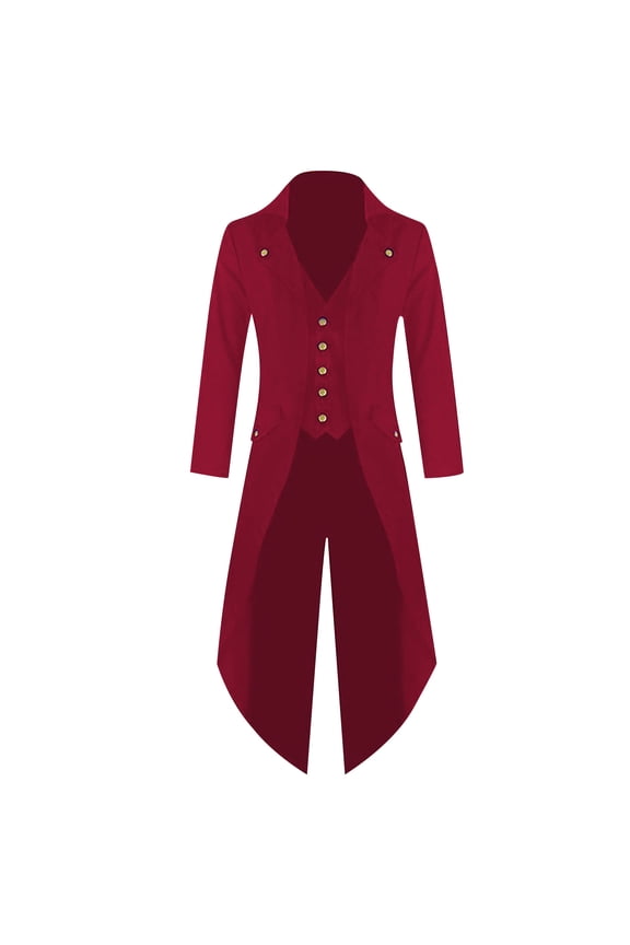 Mens Gothic Tailcoat Jacket Halloween Medieval Long Coat Renaissance Victorian Frock Coat Vintage Gothic Steampunk Costumes,Red 3XL