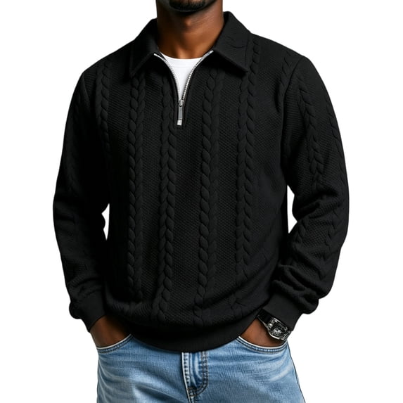 Havenx Mens Half Zip Knit Polo Shirt Cable Knit Lapel Collar Golf Sweater Long Sleeve Pullover Sweater 2026 Fall Winter Loose Lightweight Casual Tops,Black L