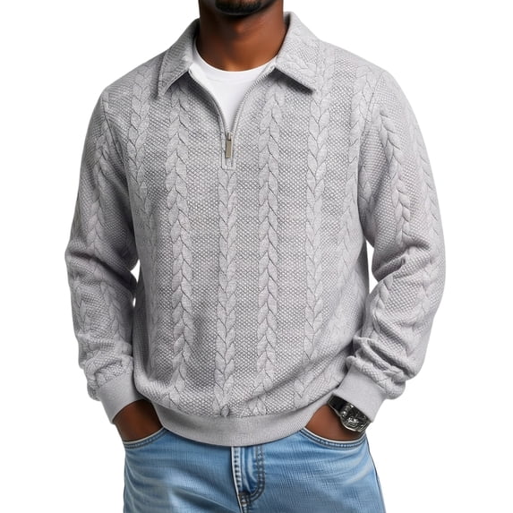 Havenx Mens Half Zip Knit Pullover Sweater Cable Knit Lapel Collar Sweater Long Sleeve Sweatshirt Casual 2026 Fall Winter Thermal Lightweight Outfits,Light Gray L