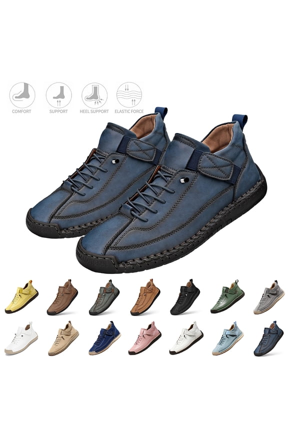 Mens Hand Stitching Leather Ankle Boots with Adjustable Elastic Band Lightweight Non-Slip Walking Loafers Soft Support Outdoor High Top Casual Loafers,Blue 45(US-11)