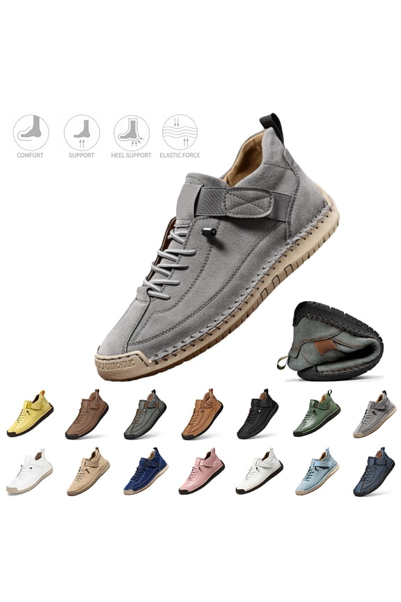 Mens Hand Stitching Leather Ankle Boots Fashionable Trendy Soft Soles Buckled Lace-Up Design Ankle-Wide Walking Shoes Casual Retro High Top Flat Comfy Shoes,Gray 46(US-11.5)