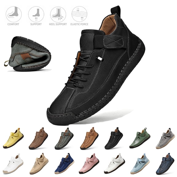 Havenx Mens Hand Stitching Leather Ankle Boots Slip on Waterproof Flats Ankle Boots Casual Outdoor High Top Comfy Driving Shoes,Black 46(US-11.5)