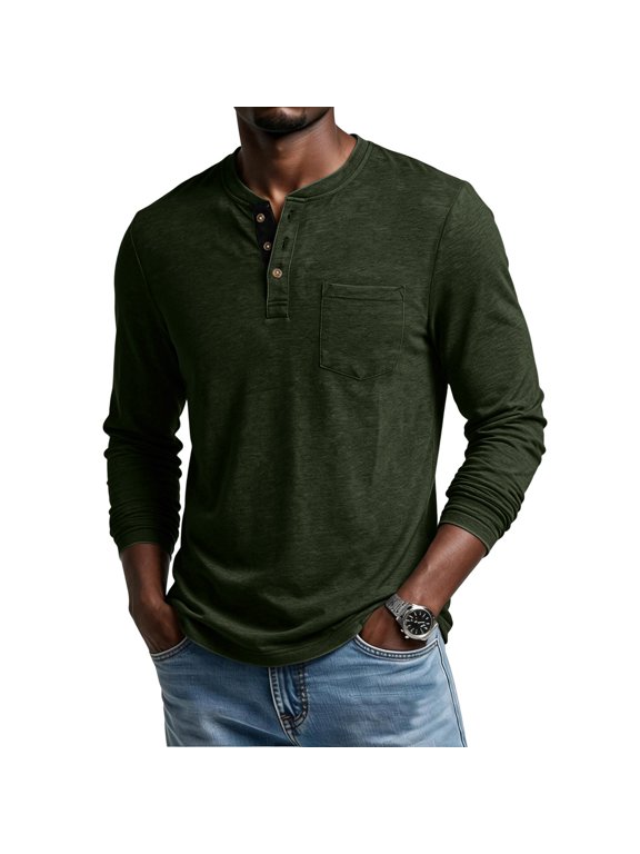 Mens Henley Shirt Long Sleeve Button Down Henley Shirts with Pocket Solid Color Pullover Loose Fit Fall Winter Casual Tops,Camouflage Green 2XL