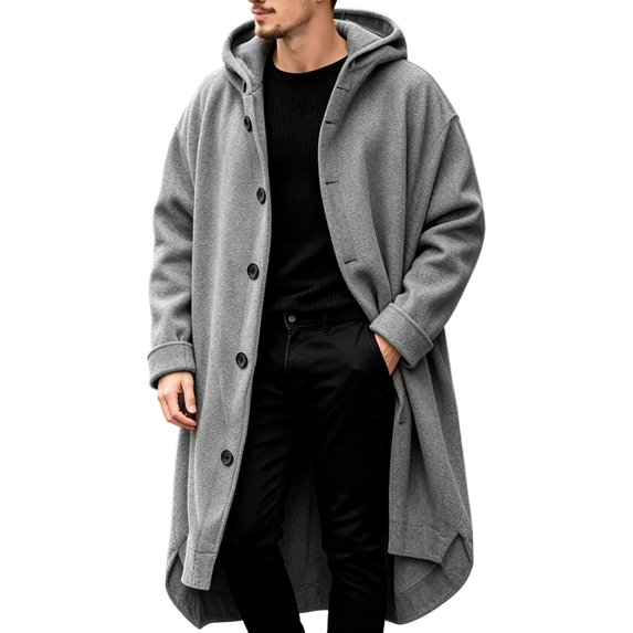 Havenx Mens Hooded Long Coat Long Sleeve Single Breasted Pea Coat with Pockets Button Down Overcoat Fall Winter Lightweight Loose Fit Casual Clothes