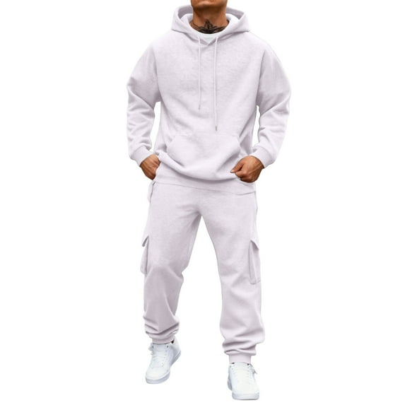 Havenx Mens Jogging Suits 2 Piece Set Fleece Hoodies and Sweatpants Set Long Sleeve Solid Color Sweatsuit Outfits with Pockets Workout Casual Jogging Gym 2025 Fall Suits,White S