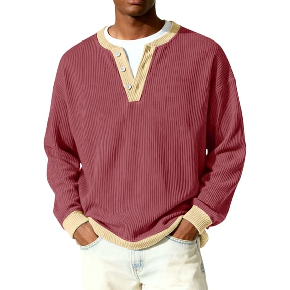 Havenx Mens Knit Henley Sweater Long Sleeve Quarter Button Sweater Ribbed Knit Crewneck Pullover Tees Fashion Relaxed Fit Fall Workout Thermal Clothing,Wine L