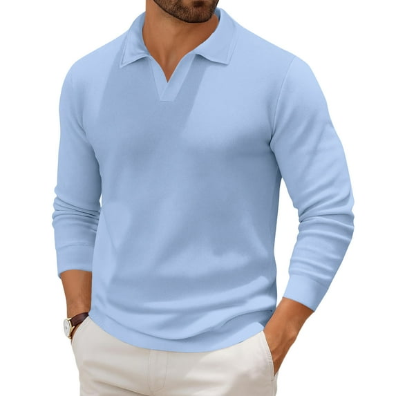 Havenx Mens Knit Polo Shirts Long Sleeve Henley V Neck Stretch Knitted Polo Sweater 2025 Trendy Lightweight Collared Sweater,Sky Blue 3XL