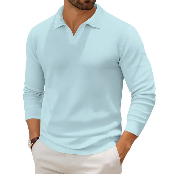 Havenx Mens Knit Polo Shirts Long Sleeve V Neck Ribbed Knitted Polo Sweater 2025 Casual Collared Pullover Sweater,Light Blue S