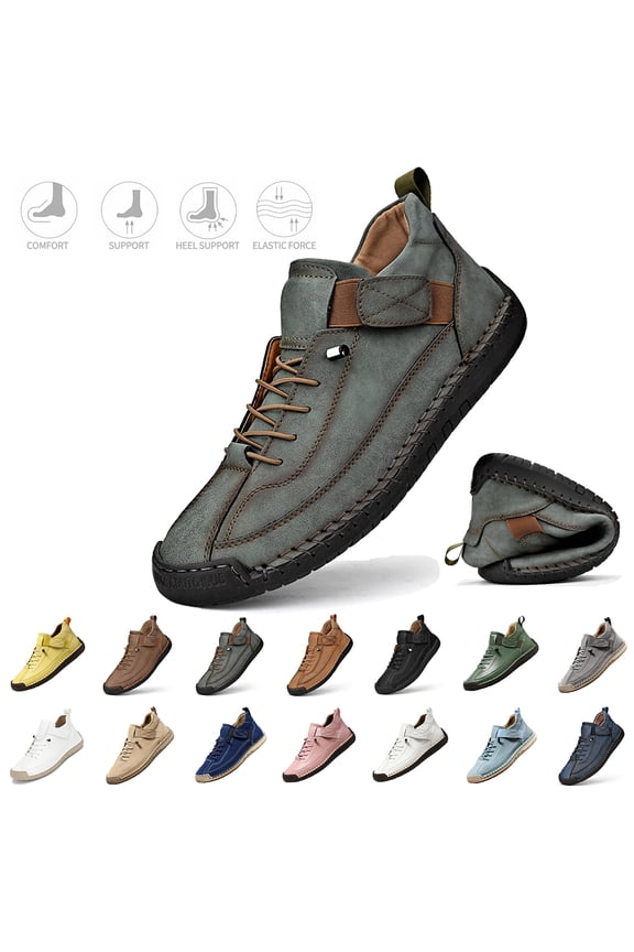 Mens Leather Shoes Hand-Stitched with Adjustable Elastic Band Lightweight Non-Slip Walking Loafers Fashion Mid Top Soft Comfort Support Shoes,Deep Green 39(US-7.5)