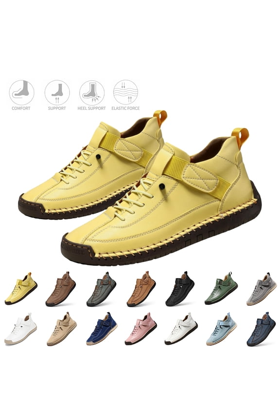 Mens Leather Shoes Hand Stitching Orthopedic Breathable Waterproof Non-Slip Slip on Shoes Mid Top Comfy Driving Casual Flats Shoes,Yellow 43(US-10)