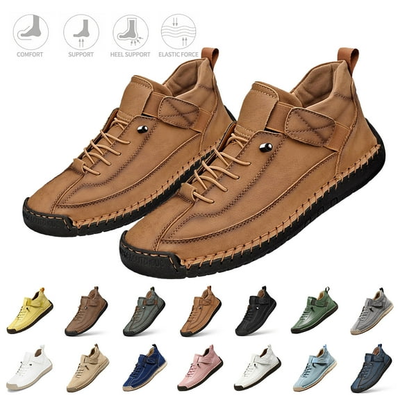 Havenx Mens Leather Shoes Handmade Non-Slip Breathable Orthopedic Waterproof Sneakers Soft Comfortable Mid Top Adjustable Flat Shoes,Light Brown 40(US-8)