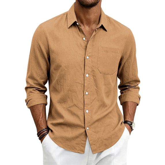 Havenx Mens Linen Shirts Long Sleeve Button Down Dress Shirts with Pocket Collared Shirts Work Office Regular Fit Casual Business Top,Earthy Yellow 2XL