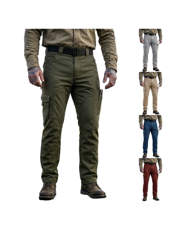Mens Military Cargo Pants Ripstop Waterproof Stretch Pants with Pockets Elastic Waist Button Closure Overalls Relaxed Fit Work Athletic Outdoor Travel Clothes,Camouflage Green L