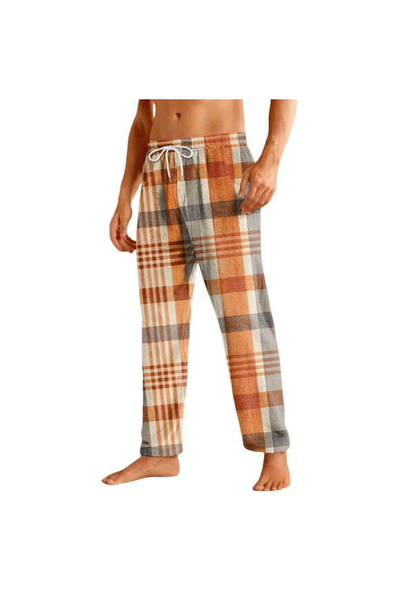 Mens Pajama Pants Microfleece Plaid Flannel Pajama Bottoms 2025 Big and Tall Sleep Pants Elastic Waist Wide Leg Soft Lounge Pants,Orange L
