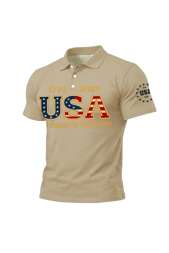 Mens Patriotic T Shirts Short Sleeve Button Shirt American Flag Design Collared Polo Shirts 1776–2026 Patriotic Independence Day Tees,Khaki 3XL