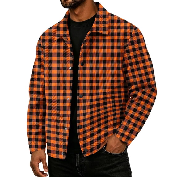 Havenx Mens Plaid Print Corduroy Jacket Long Sleeve Button Down Shirt Jacket with Pockets Lapel Collar Coats Vintage Casual Western Fall Winter Outfits,Saffron 3XL