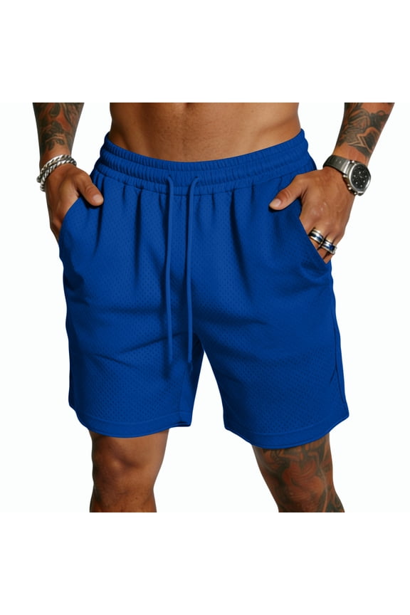 Mens Plain Mesh Shorts Drawstring Elastic Waist Shorts with Pockets Fast Dry Mesh Pants Gym Workout Running Training Lounge Wear,Royal Blue L