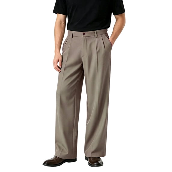 Havenx Mens Pleated Wide Leg Dress Pants Elastic Waist Straight Leg Baggy Pants with Pockets Button Slacks Breathable Old Money Work Office Business Trousers,Light Brown 3XL