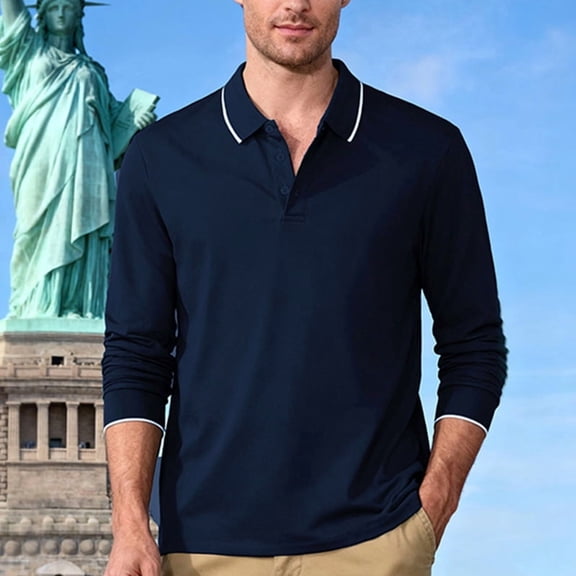 Havenx Mens Polo Shirts Button Collar Long Sleeve Pullover Sweaters with 3 Buttons Knitted Shirt Collar Solid Color Classic Casual Breathable Moisture Wicking Polo,Navy 2XL