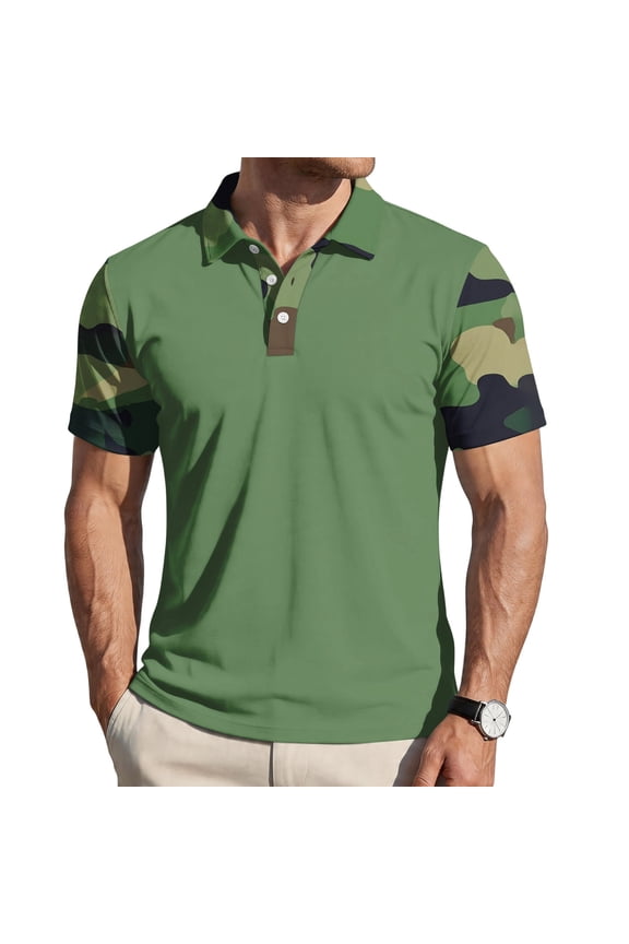 Mens Polo Shirts Short Sleeve 3-Button Shirt Camo Printed Raglan Collared T-Shirt Classic Fit Summer Work Business Wear,Camouflage Green 2XL