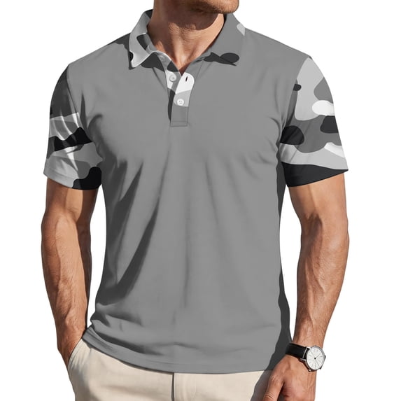Havenx Mens Polo Shirts Short Sleeve 3 Buttons Polo Camo Printed Raglan Collared Polo Shirt Casual Breathable Work Business Top,Gray 3XL