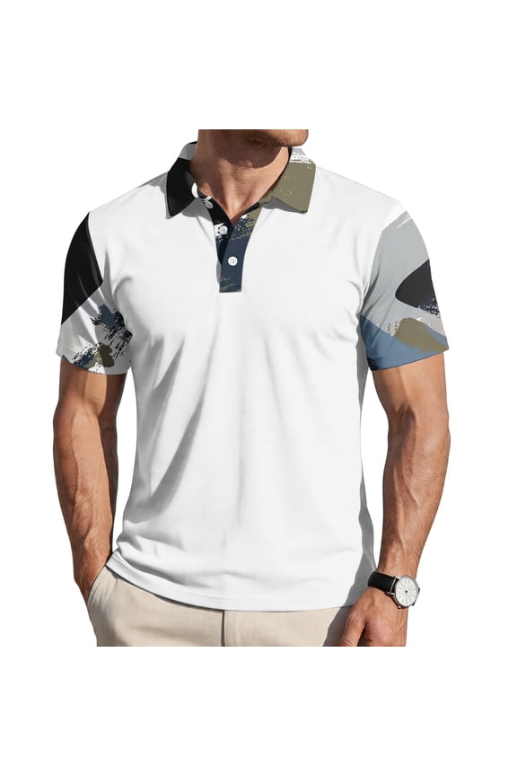 Mens Polo Shirts Short Sleeve Button Down Polo Camo Printed Raglan Collared T-Shirts Casual Breathable Work Business Tops,White S