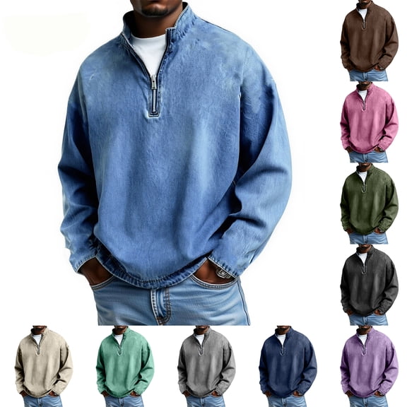 Havenx Mens Quarter Zip Polo Shirts Denim Stand Collar Sweatshirt Long Sleeve Quarter Zip Polo Sweatshirts Vintage Distressed Loose Casual Work Loungewear,Coffee 3XL