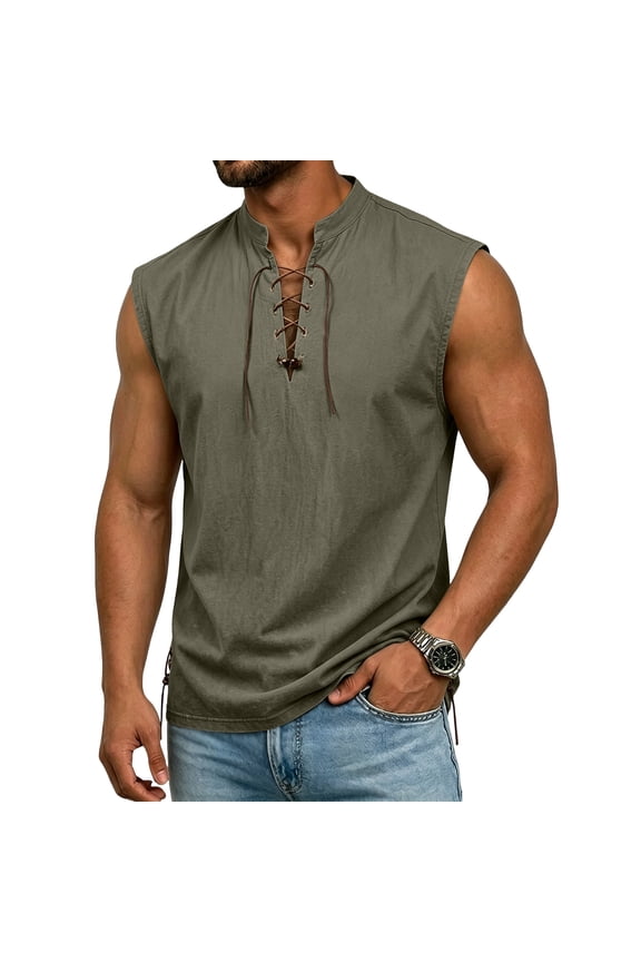 Mens Renaissance Pirate Sleeveless Shirt Cotton Linen Lace-Up Tank Tops Stand Collar Shirt Halloween Viking Pirate Cosplay Vintage Tops,Camouflage Green 2XL