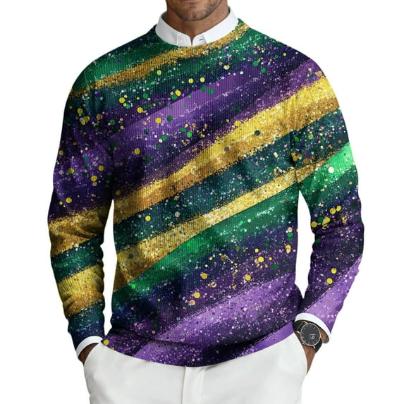 Havenx Mens Ribbed Knit Shirt Round Neck Carnival Printed Sweaters Long Sleeve Ribbed Knit Tops Pullovers Mask Print Slim Fit Carnival Lightweight Casual Wear,Purple M
