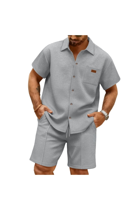 Mens Short Sleeve Outfits 2 Piece Waffle Knit Textured Button-Down Matching Shirt and Shorts Set with Pocket Lapel Collar Outfits Fashion Summer Casual Jogging Tracksuit,Gray 2XL