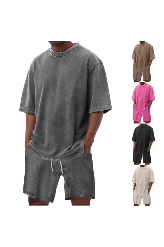 Mens Shorts Sets 2 Piece Outfits Short Sleeve Crew Neck Track Suits with Pockets Drawstring Suits Fashion Athletic Workout Sports Jogging Tracksuit,Pink S