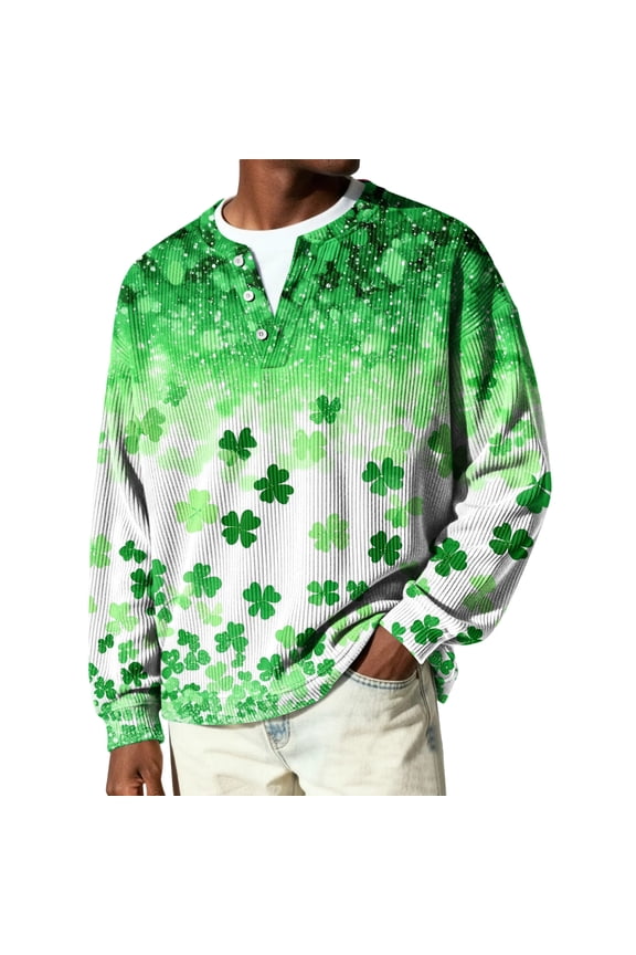 Mens St Patrick's Day Henley Sweater Long Sleeve 3-Button Sweater Retro Shamrock Print Knit Sweat Shirts Crewneck Lightweight Stylish St Patrick's Day Clothes,Mint Green S