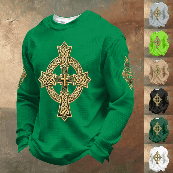 Havenx Mens St Patrick's Day Shirt Waffle Irish Celtic Cross Shirts Long Sleeve Crewneck Sweatshirts St Patrick's Day Lightweight Slim Fit Pullover Shirts,Khaki M