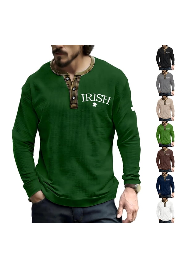Mens St Patrick's Day Waffle Knit Shirt Green Shamrock Long Sleeve Henley Shirts Button Up Henley Neck Pullovers Thermal St Patrick's Day Relaxed Fit Pullover Tops,Dark Blue 3XL