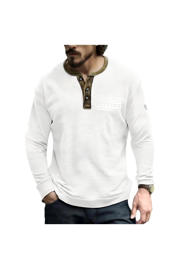 Mens St. Patricks Day Henley Shirts Waffle Knit American Flag Henley Shirts Button Down Long Sleeve Pullovers Thermal St Patrick's Day Relaxed Fit Pullover Sweater,White 2XL